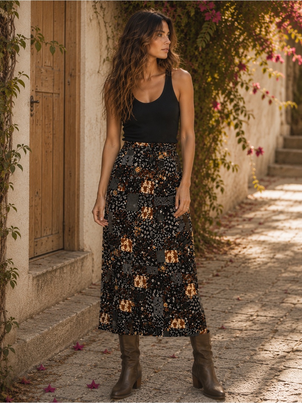 Vintage California Krush Patchwork Midi Skirt Boho Grunge Rayon S
